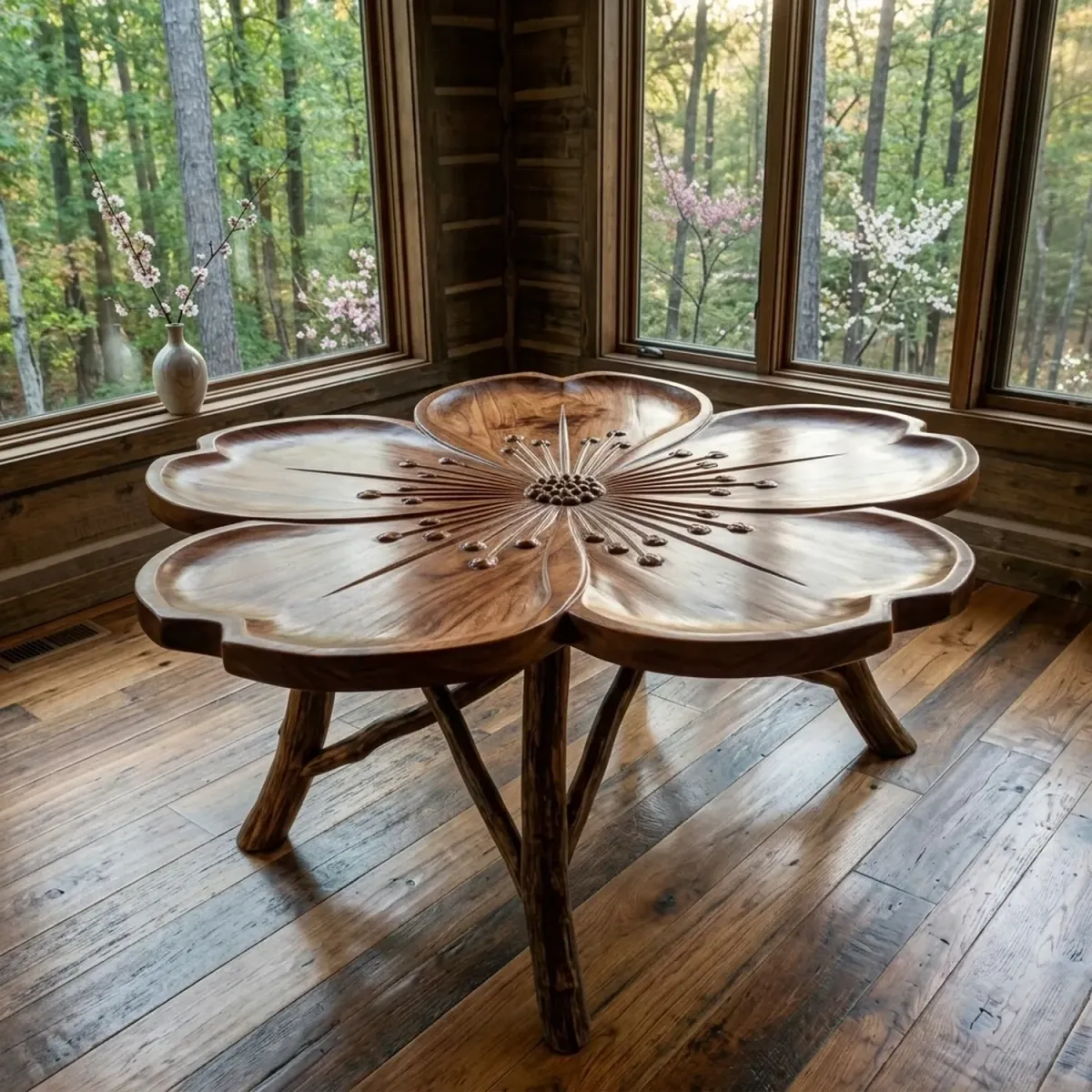 Wooden Blossom Shaped Coffee Table Floral Nature Inspired Furniture