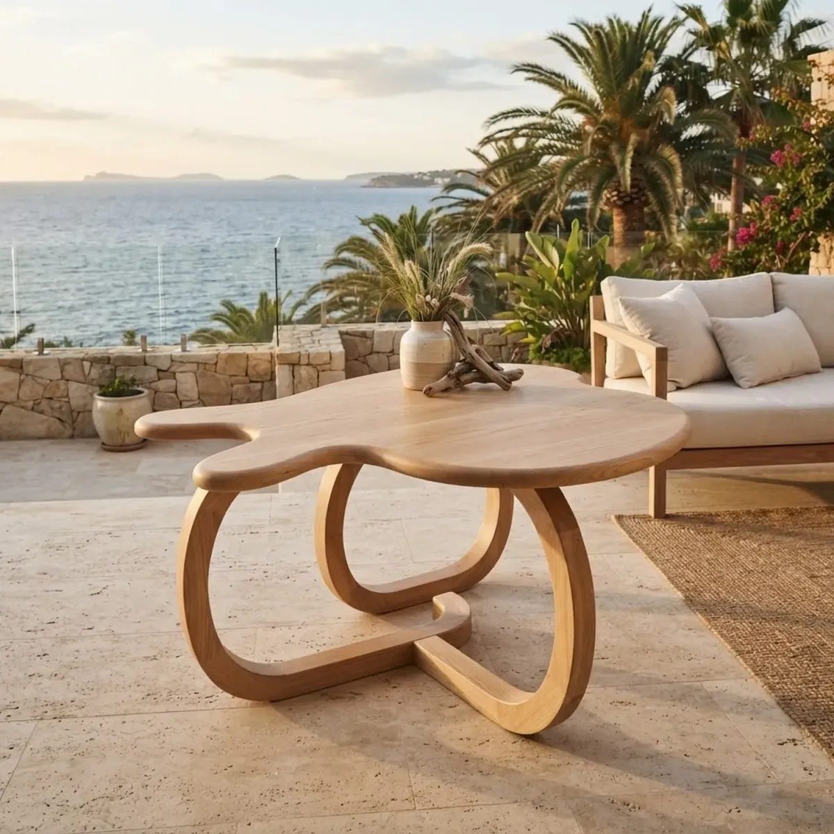 Wood Stitch Wave Arc Coffee Table Playful Character Shape Wood Decor