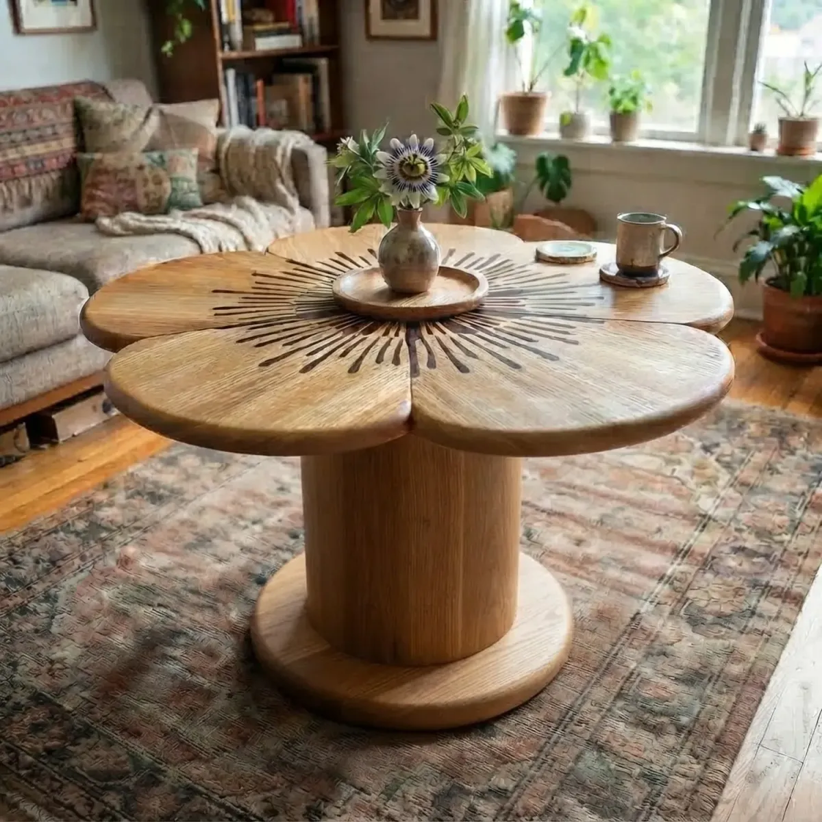 Wooden Passion Flower Coffee Table Tropical Botanical Accent Table