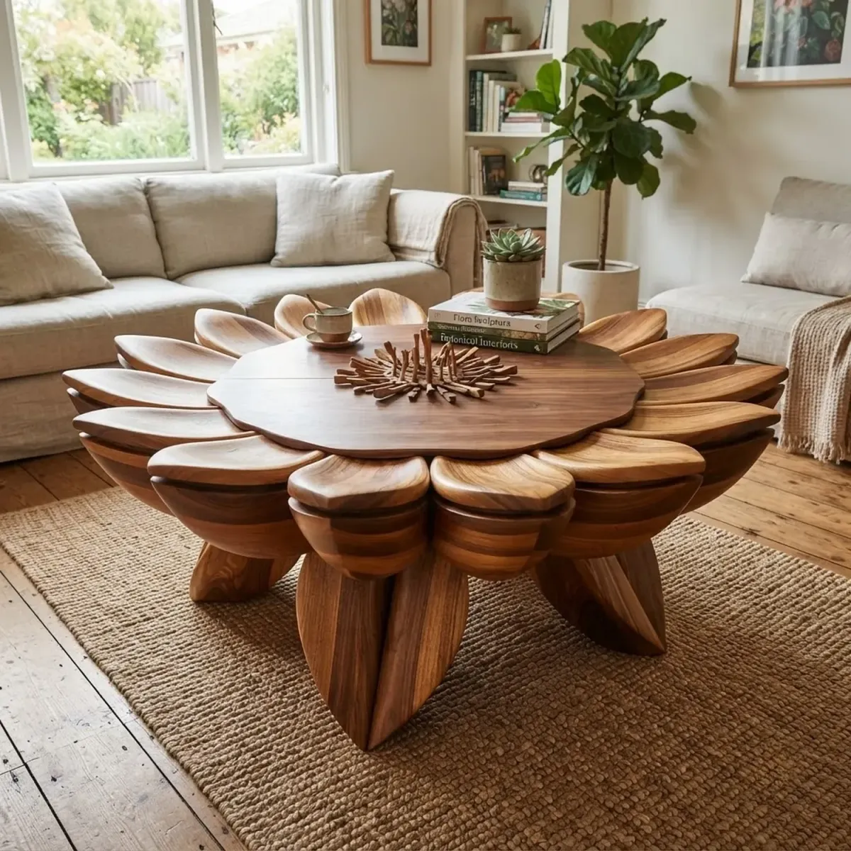 Wooden Protea Coffee Table Exotic Bloom Shape Wood Furniture