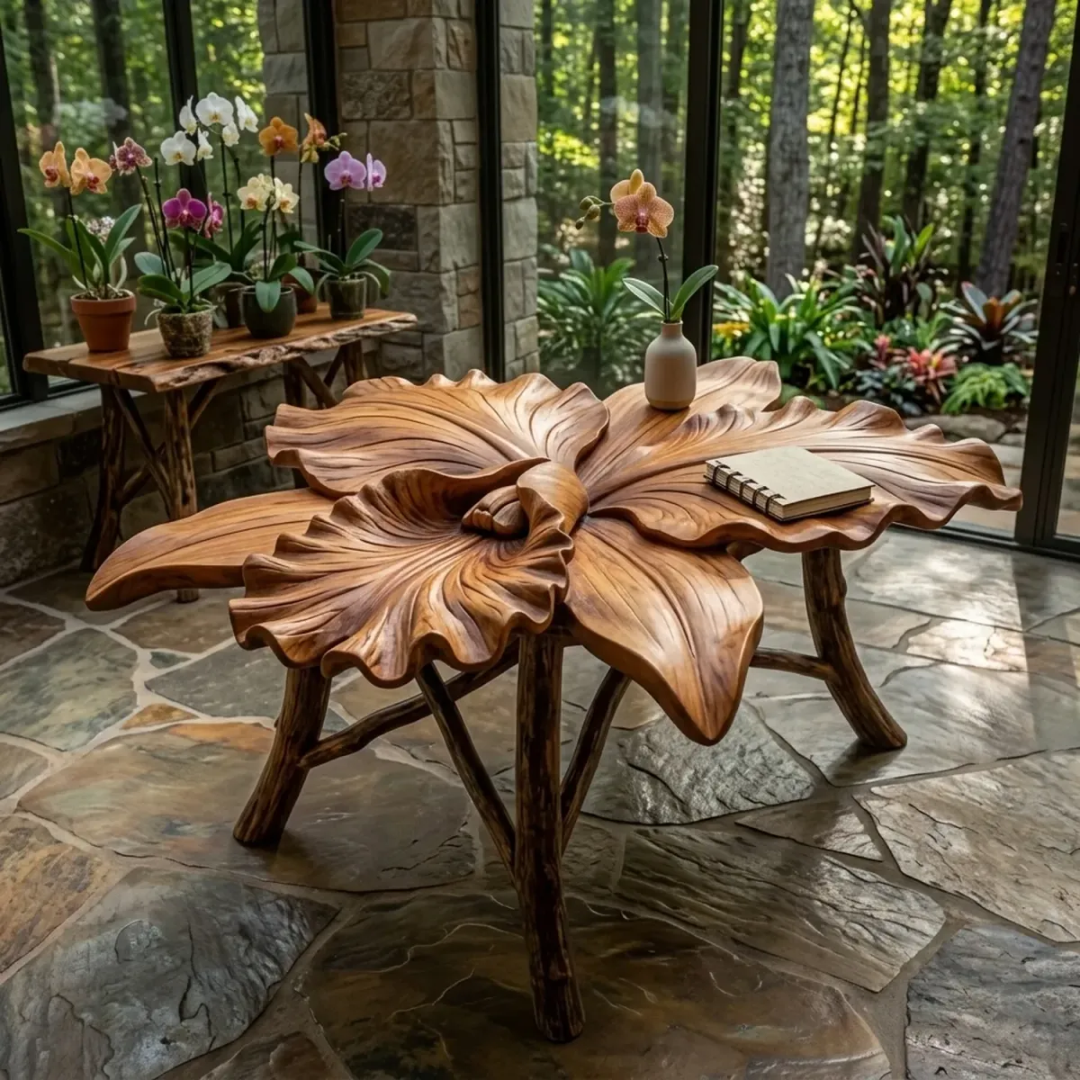Wooden Orchid Bloom Side Table Exotic Flower Silhouette Wood Decor