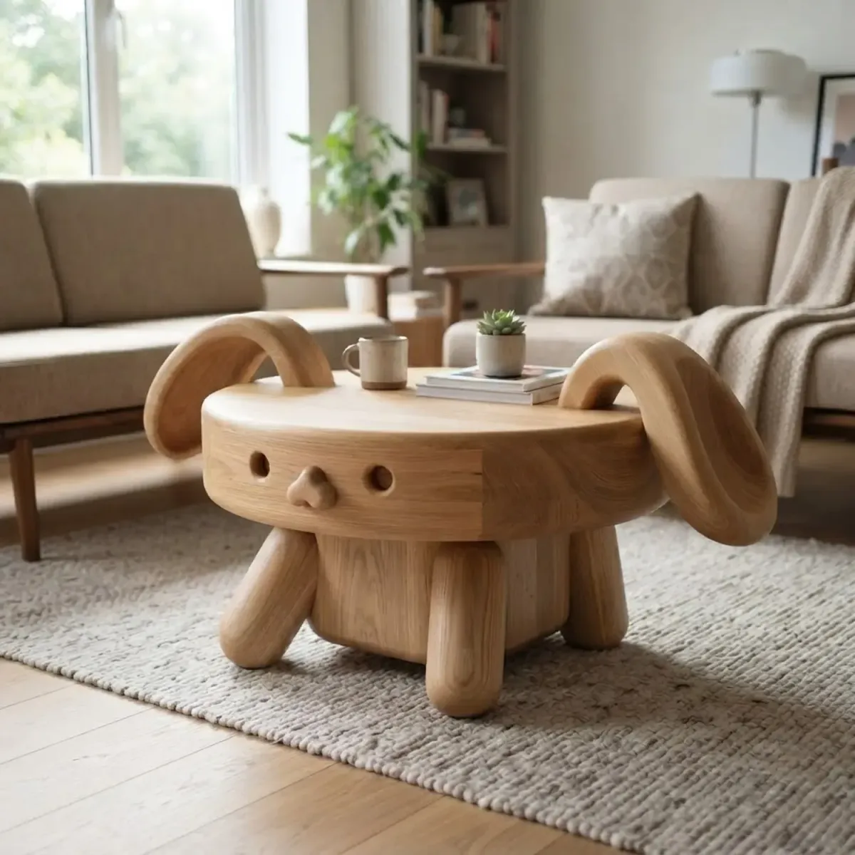 Wooden Long-Ear Cartoon Coffee Table Whimsical Animal Silhouette Accent Table