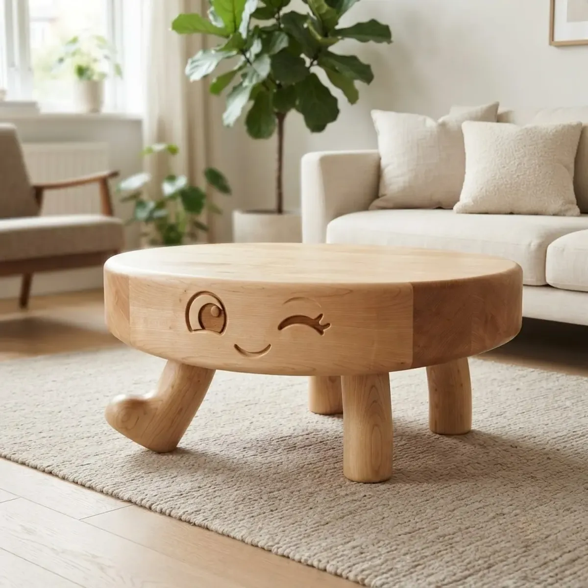 Wooden Winky Cartoon Coffee Table Playful Character Shape Wood Decor