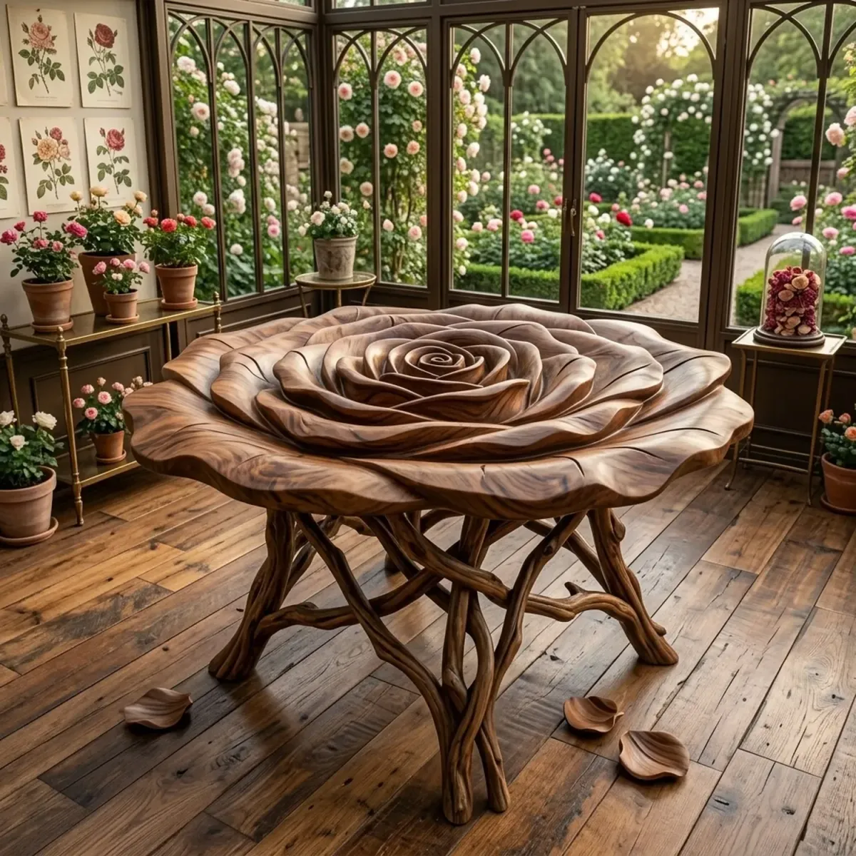 Wooden Rose Shaped Side Table Floral Silhouette Artistic Furniture