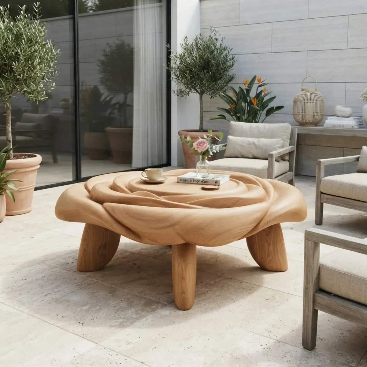 Wooden Rose Shaped Coffee Table Floral Silhouette Artistic Furniture