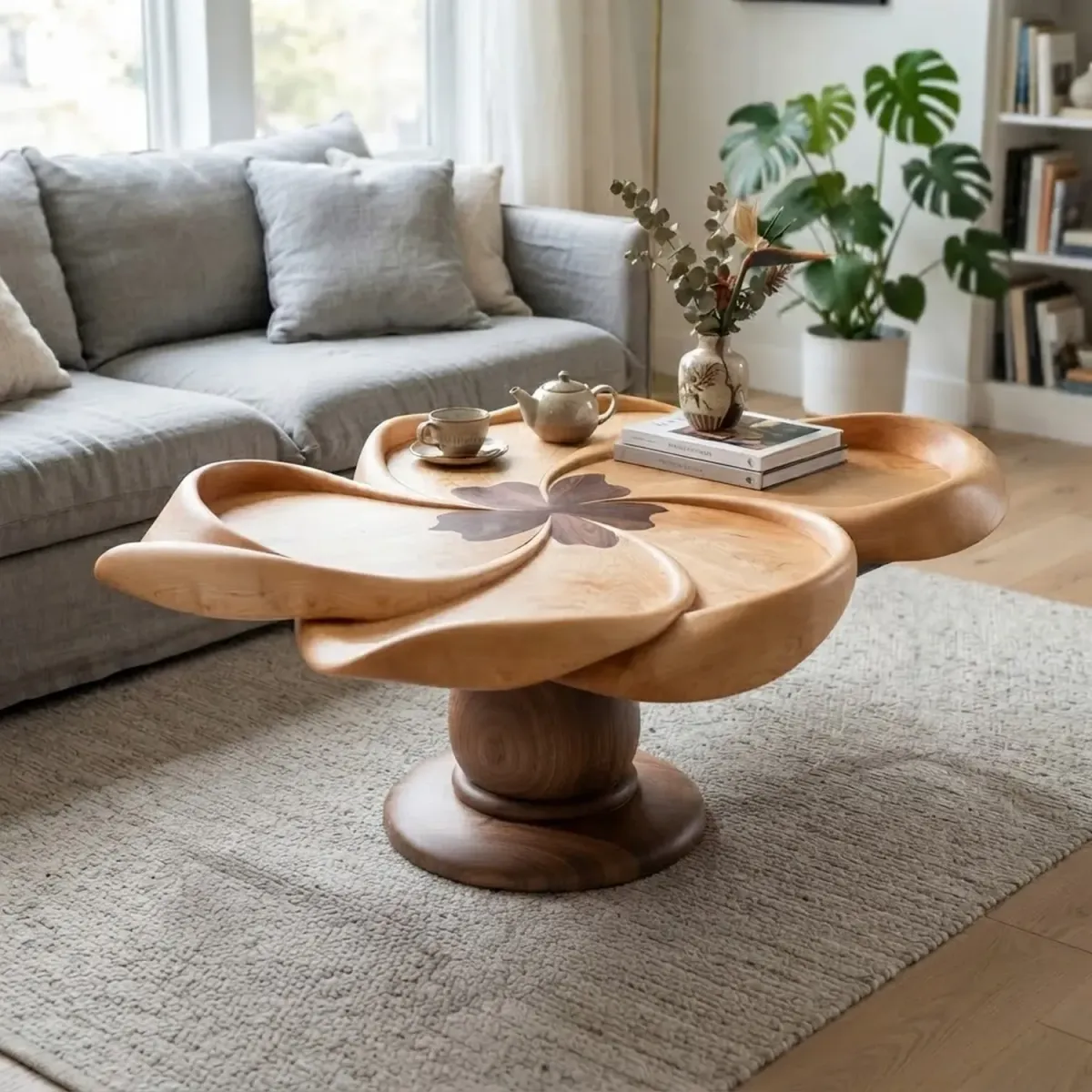 Wooden Parrot Flower Coffee Table Unique Floral Silhouette Wood Decor