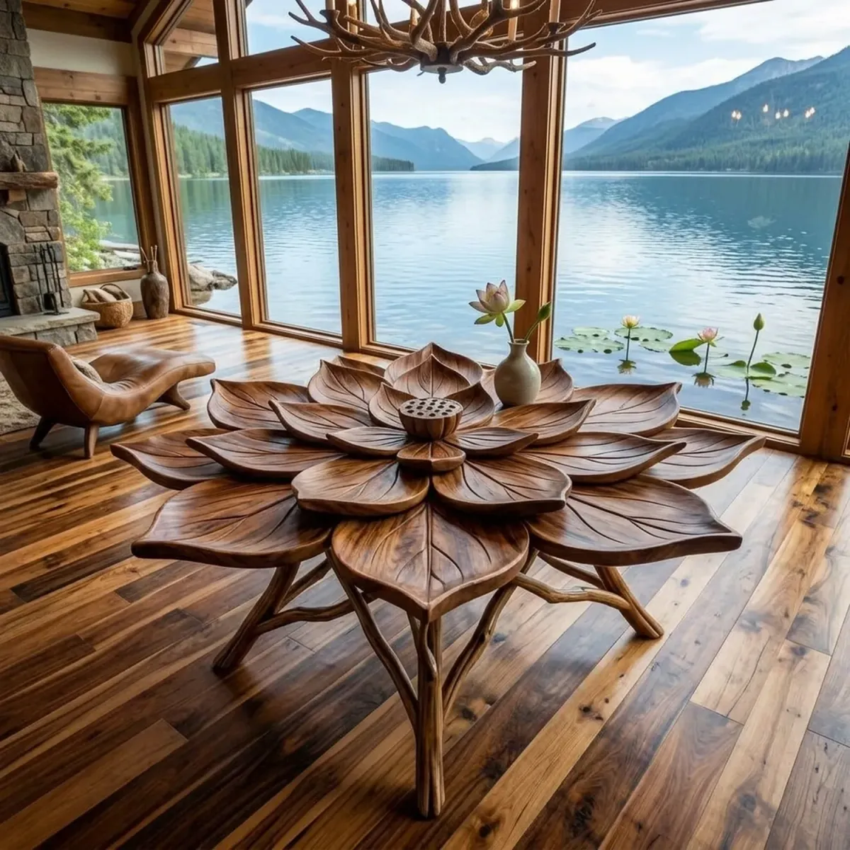 Wooden Lotus End Table Zen Style Flower Silhouette Decorative Table