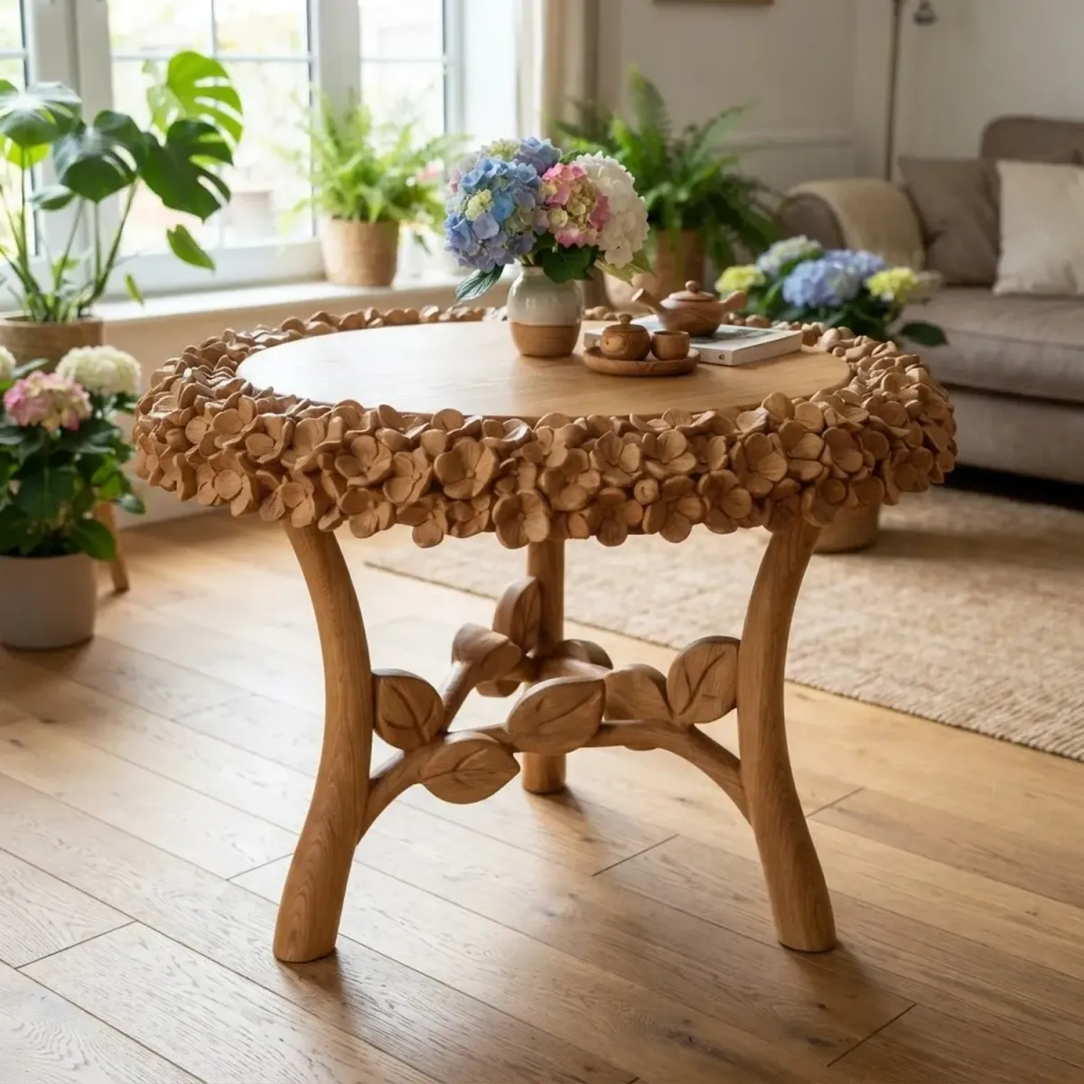 Wooden Hydrangea Coffee Table Botanical Floral Shape Wood Furniture