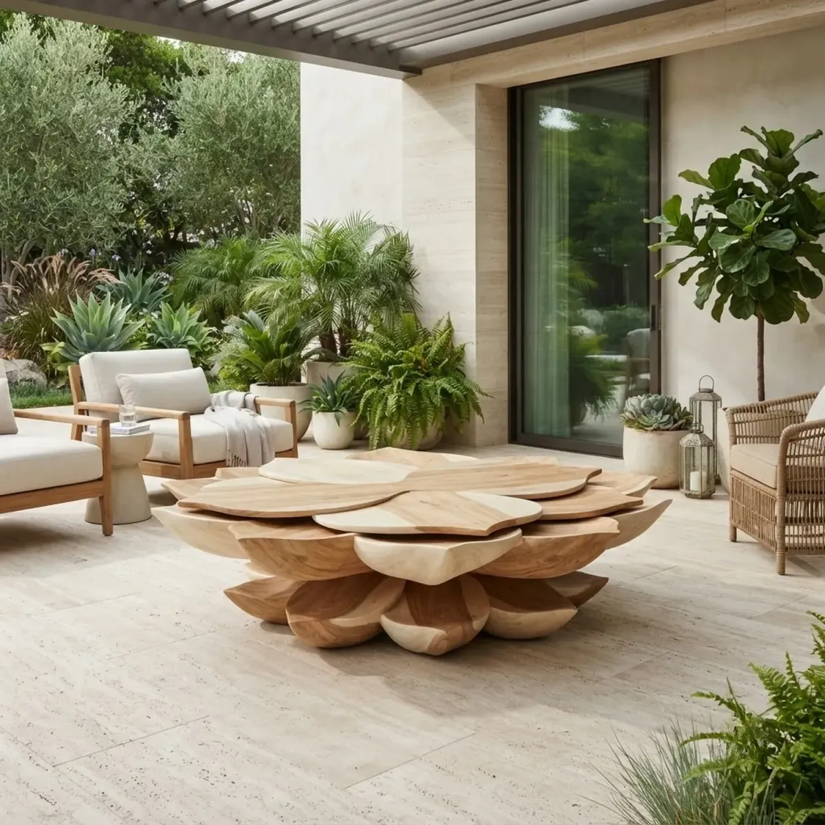 Wooden Lotus Blossom Coffee Table Zen Style Flower Accent Table